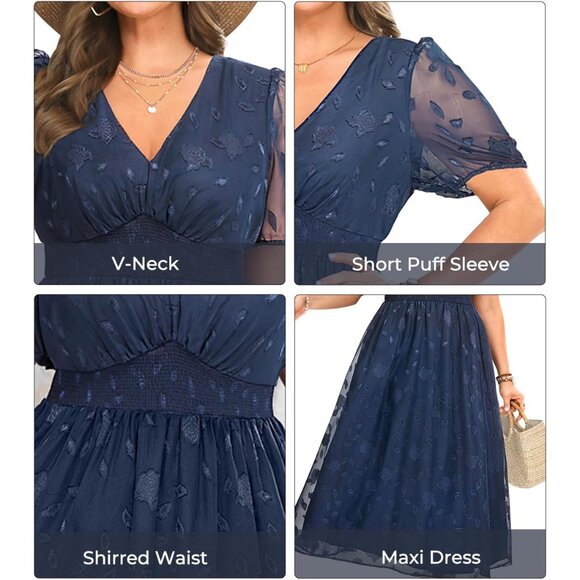 Women Plus Size Summer Dress Floral Maxi V-Neck Puff Sleeves Casual Formal - Picture 5 of 5